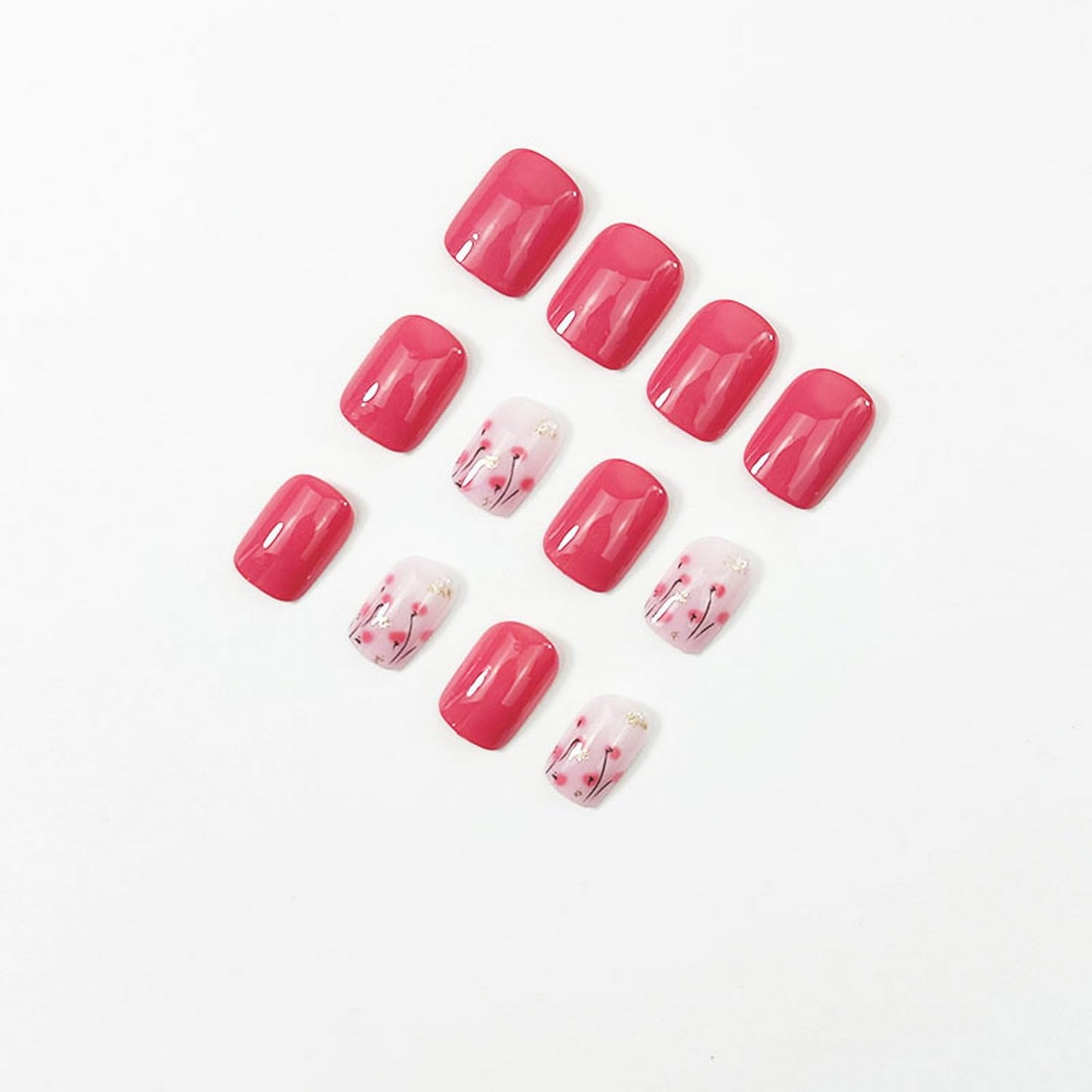 Pink Press on Nail Short Square Fake Nails with Flower designs Gold Foil Stick on Nail Glossy Acrylic Artificial Press ones Full Cover Spring Summer False Nails for Women Glue on Nails24pcs