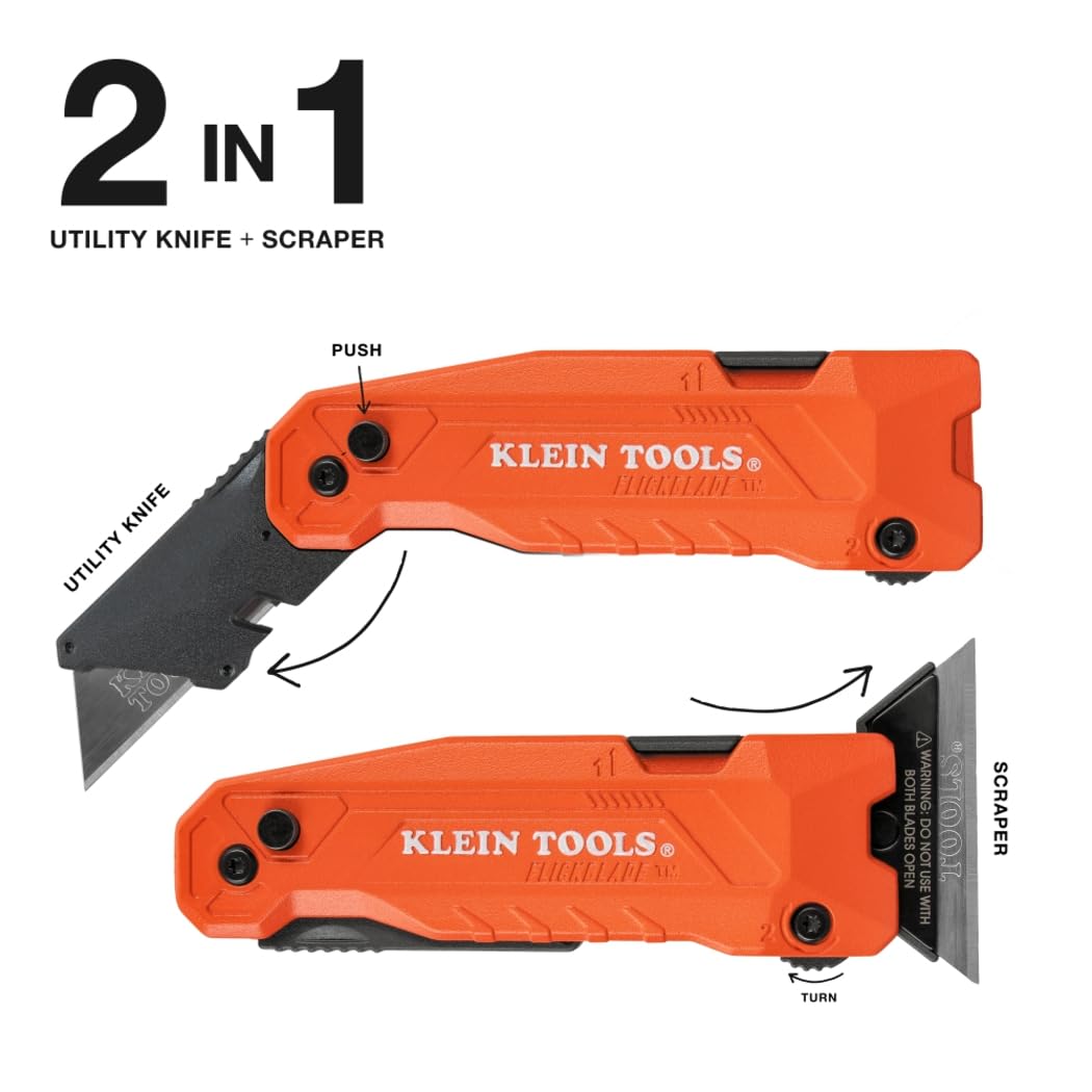 Klein Tools 44306 FLICKBLADE 2-in-1 Folding Utility Knife and Scraper with Built-In Blade Storage, Dual Locking Positions, Includes 3 Triple-Ground Carbon Steel Blades