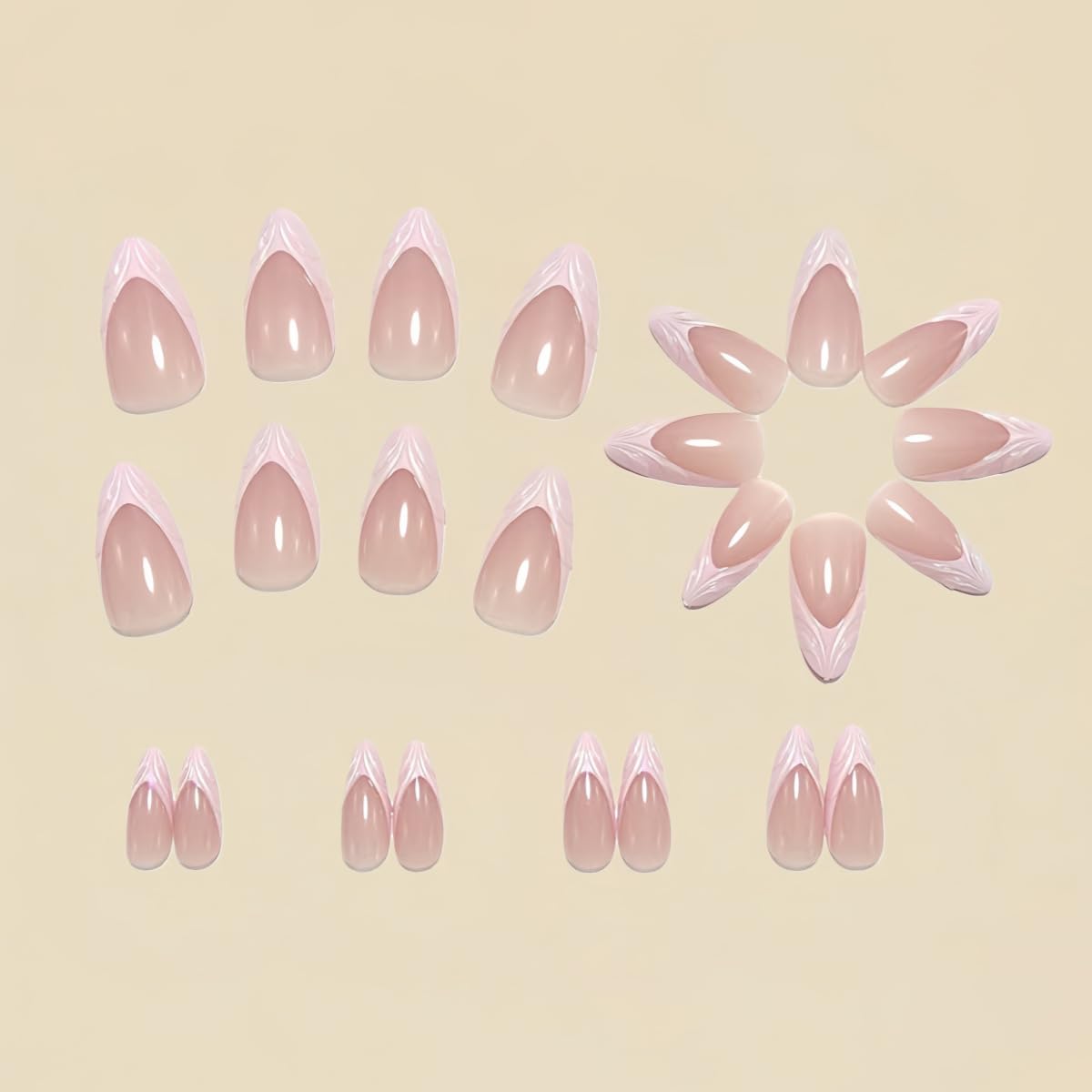 Pink French Tip Press on Nails Medium Almond Fake Nails Glossy Chrome False Nails Press ons 3D Acrylic Nails Shiny Cute Glue on Nails for Women Nail Decoration 24Pcs