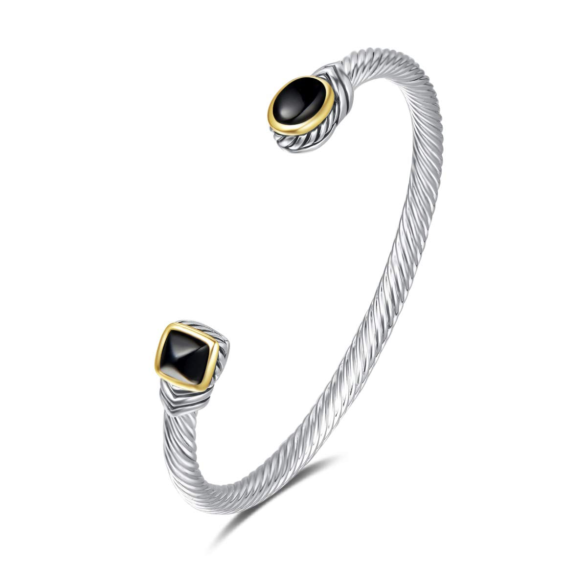 UNY Jewel Bracelet Designer Brand Inspired Women Jewelry 4.5mm Thin Twisted Cable Wire Bangle Gem Stone Christmas Day Gift (Black Onyx)