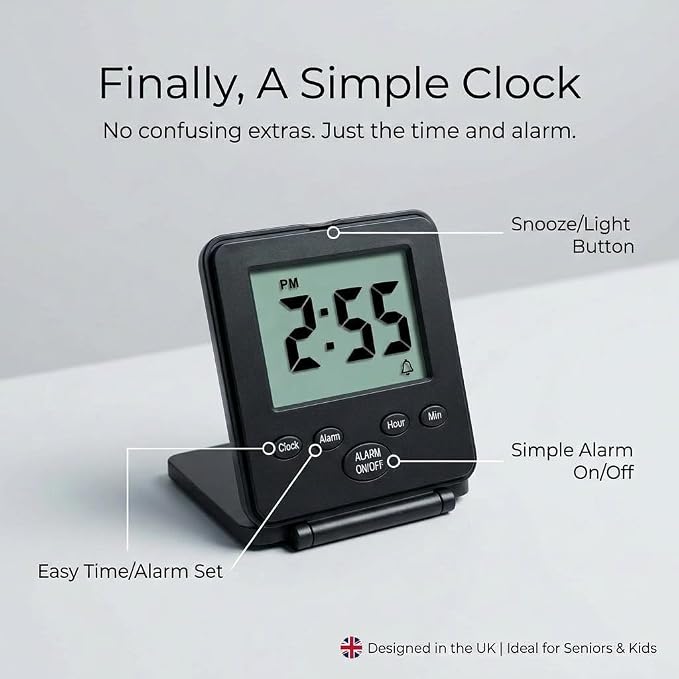 Digital Travel Alarm Clock - No Bells, No Whistles, Simple Basic Operation, Loud Alarm, Snooze, Small and Light, ON/Off Switch, 2 AAA Battery Powered, Black