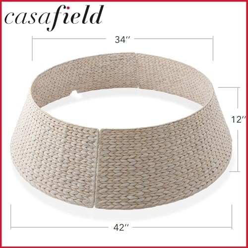Casafield 42-Inch Christmas Tree Collar, Woven Water Hyacinth Tree Base Cover with Cord Cut Out, Whitewash