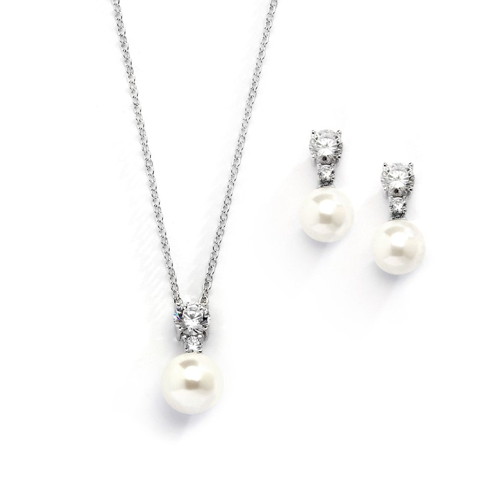 Mariell Pearl Wedding Necklace Earrings Set with CZ Crystal, Jewelry for Brides, Bridesmaid, Mother's Day