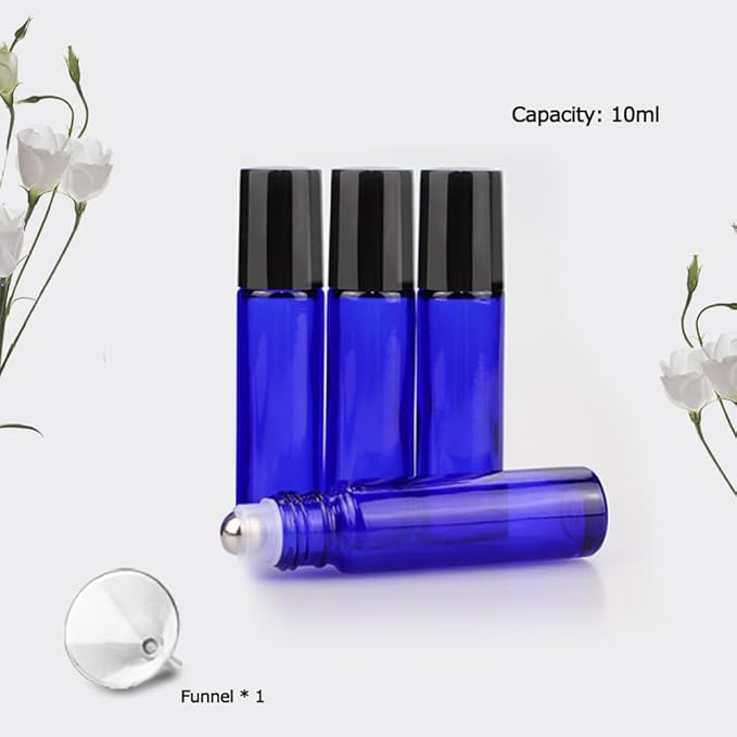 sungwoo 4 Pack Roller Bottles, 10 ml Essential Oil Glass Roller Bottles with Stainless Steel Roller Balls Blue