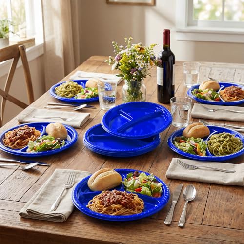 Umigy 100 Pcs 10 Inch 3 Compartments Divided Plastic Plates Bulk Colorful Disposable Heavy Duty Round Dinnerware for Party Valentine Wedding Birthday(Blue) - color: Blue