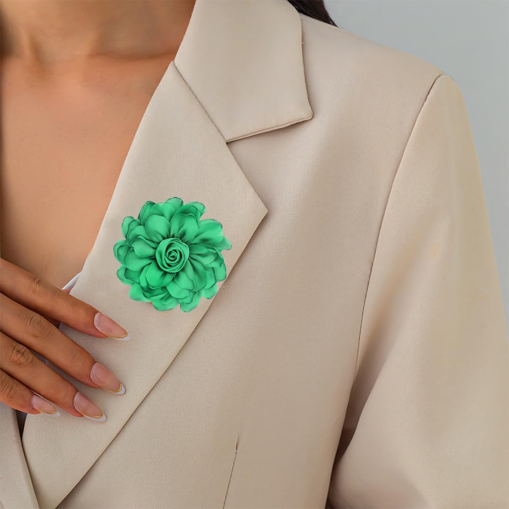 Elegant Large Cloth Flower Brooches Big Camellia Flower Pin for Women Dainty Cloth Fabric Rose Brooches Dress Skirt Scarf Hat Pins Clothing Decoration Accessories (Green A)