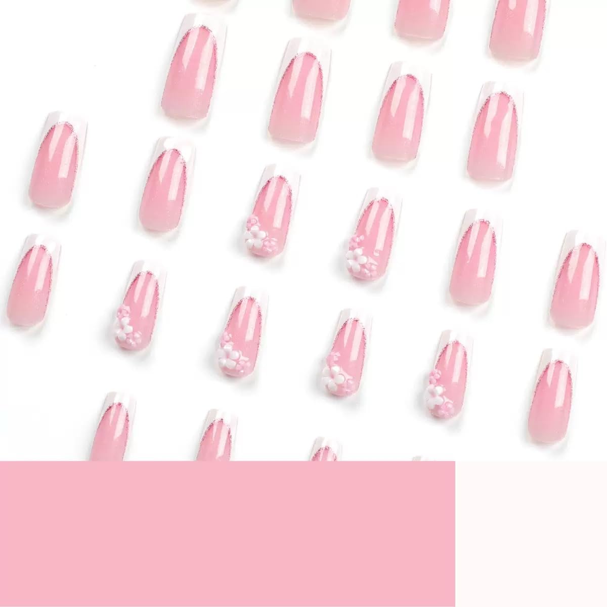 Long Press on Nails Square - White French Tip Fake Nails with Flower Chrams Design - Glossy Glitter Full Cover Stick on False Nails - for Women 24 Pcs
