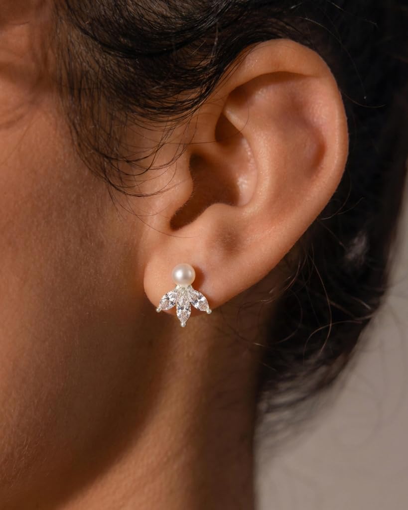 BSGRL Pearl Earrings - Silver 14k White Gold Plated 3pcs Marquise Cut Cubic Zirconia Pearl Stud Earrings for Women Wedding Party Bridal