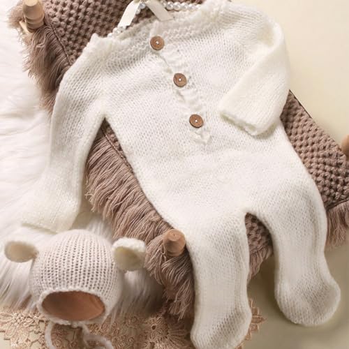Newborn Baby Photo Shoot Props Girl Boy Crochet Knit Hat Costume Stripe Hat Pants Overalls Photography Props - color: White C