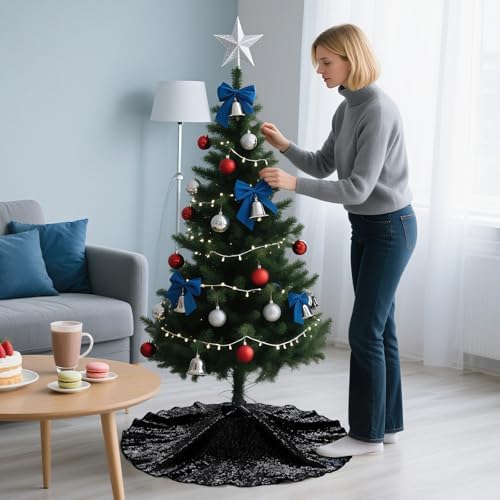 Poise3EHome Black Christmas Tree Skirt, 24 Inch Sequin Tree Skirt