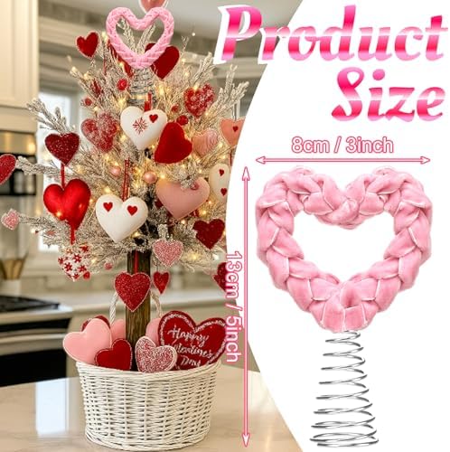 Gejoy 5.5 Inch Mini Woven Velvet Valentine Day Tree Topper Velvet Pink Hearts Tree Topper for Mini Trees Heart Decorations for Valentines Day Party Holiday Ornament Home Decoration