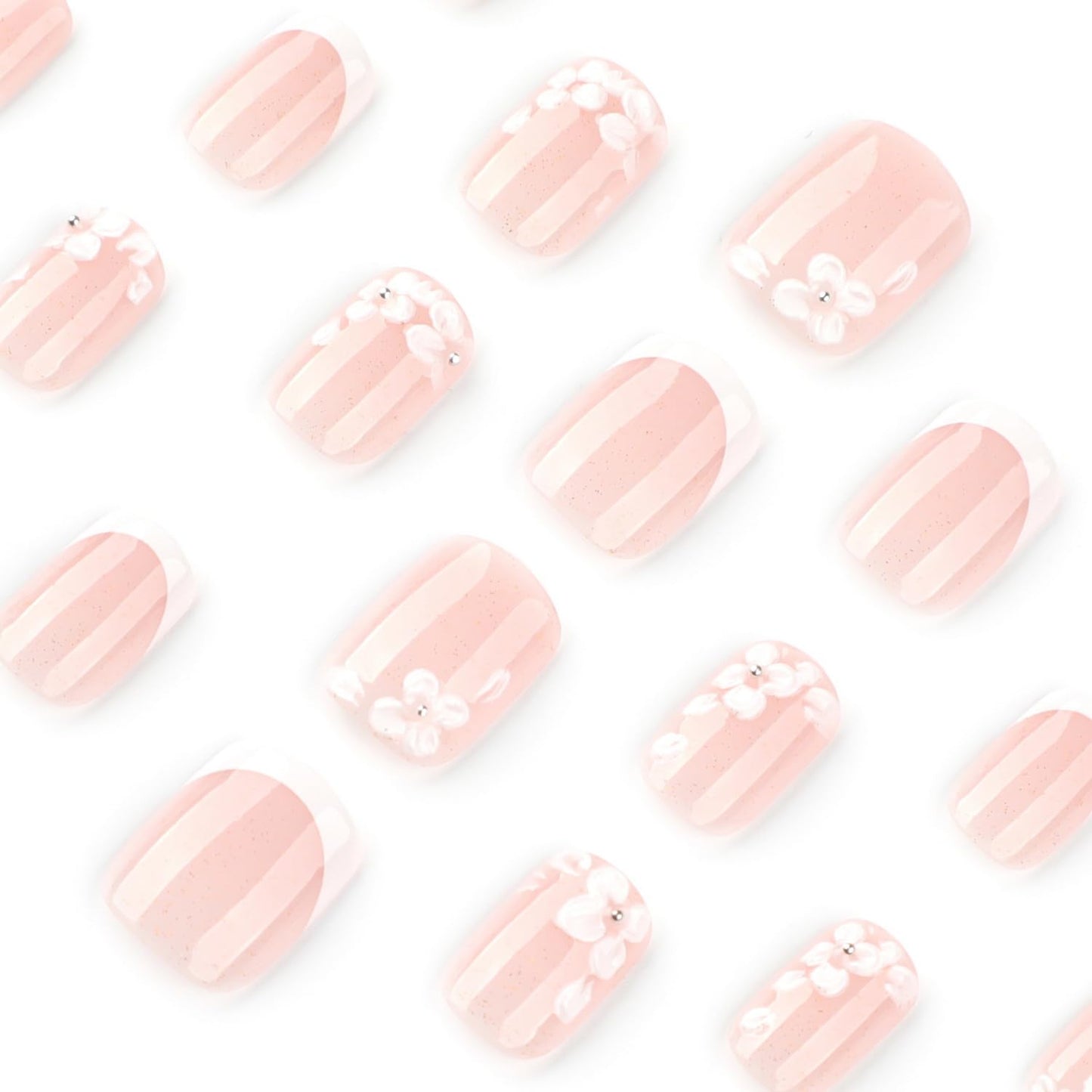 OCOUYVD Cute Flower Press-on Nails, 24pcs Glitter Short Square Acrylic False Nails with 3D Embossed Floral Pearl Design, French Tip, Full Cover Stick-on Nails for Women Manicure
