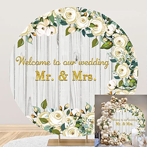 Yeele 7.5x7.5ft Mr & Mrs Wedding Round Backdrop Wooden Texture White Rose Floral Photography Background Bride and Groom Engaged Ceremony Anniversary Bridal Shower Party Supplies Photo Booth Props - size: 7.5x7.5ft-Diameter
