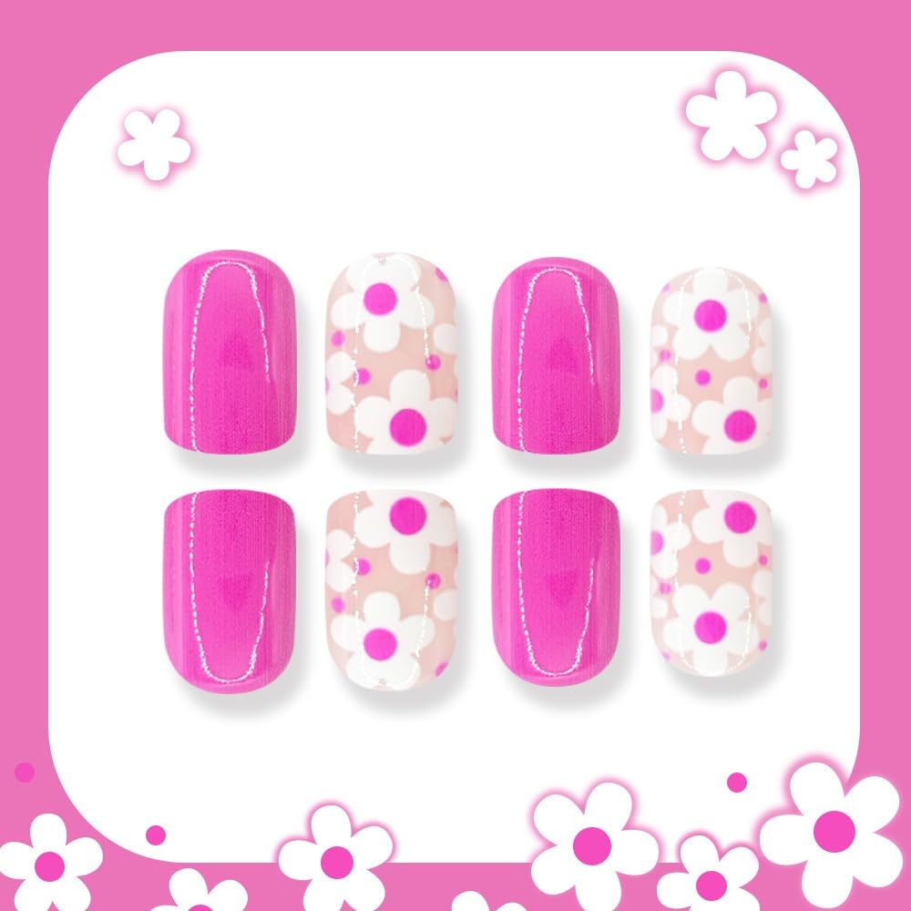 Flower Press on Nails Short Square Fake Nails with White Floral Design Glossy Rose Pink Nails Press on Spring Summer False Nails Reusable Full Cover Glue on Nails for Women Manicure 24Pcs