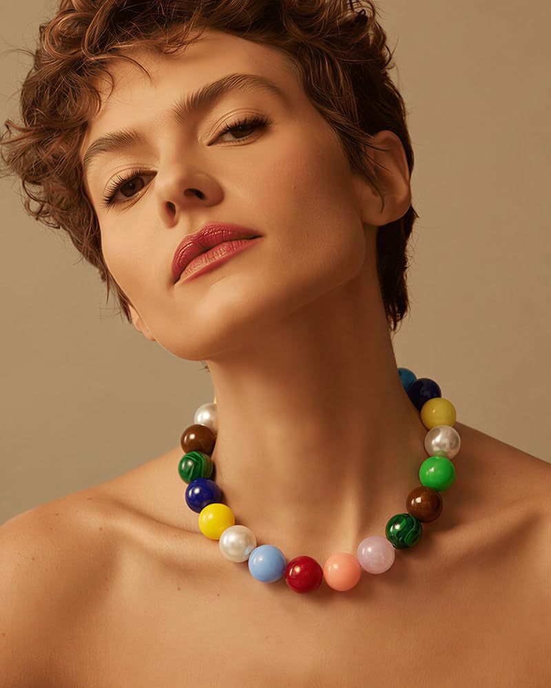 FAUTHENTICUTE Colorful Beaded Necklace for Women Chunky Bead Choker Statement Necklace Boho Summer Beach Jewelry Gift for Mothers Day