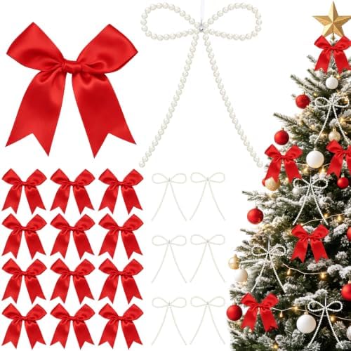 18 Pcs Pearl Bow Ornaments for Christmas Tree Toppers Decorations