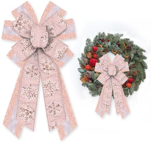 Large Christmas Bow for Wreath, Glitter Pink Snowflakes Wreath Bow for Christmas D??cor Winter Bow for Front Door Indoor Outdoor Wall Tree Topper Decoration Supplies Xmas Hanging Ornament