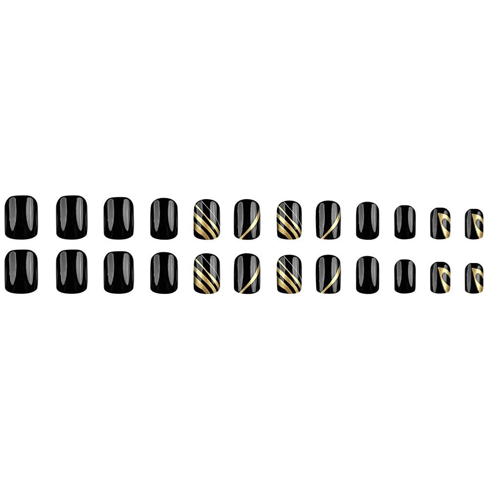 Press On Nails: Medium Square Dark Black False Nails with Gold Line Design, Glossy Full Cover Stick On Acrylic Artificial Nails for Women's Manicure, 24Pcs