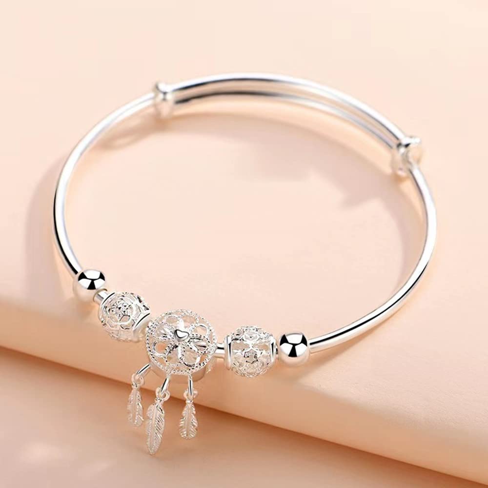 Sterling Silver Bracelets For Women 925 Sterling Silver Beads Bangle Bracelet Transfer Lucky Cuff Bracelet Adjustable Fashion Women Jewelry