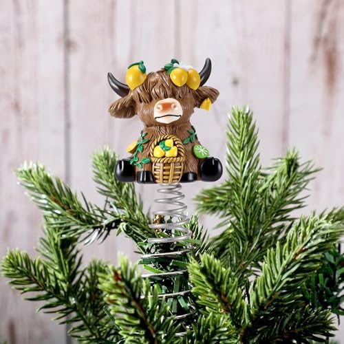 Gejoy Summer Lemon Highland Cow Miniature Tree Topper, 5.1 Inch Mini Resin Cow Treetop Decorations & Metal Spring Base, Cute Calf Lover Gifts for Farmhouse Home Kitchen Holiday Tiered Tray Desk Decor