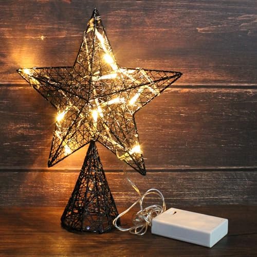 CVHOMEDECO. Black Tree Top Star with Warm White LED Lights and Timer for Christmas Tree Toppper Ornaments and Holiday Seasonal D??cor, 8 x 10 Inch