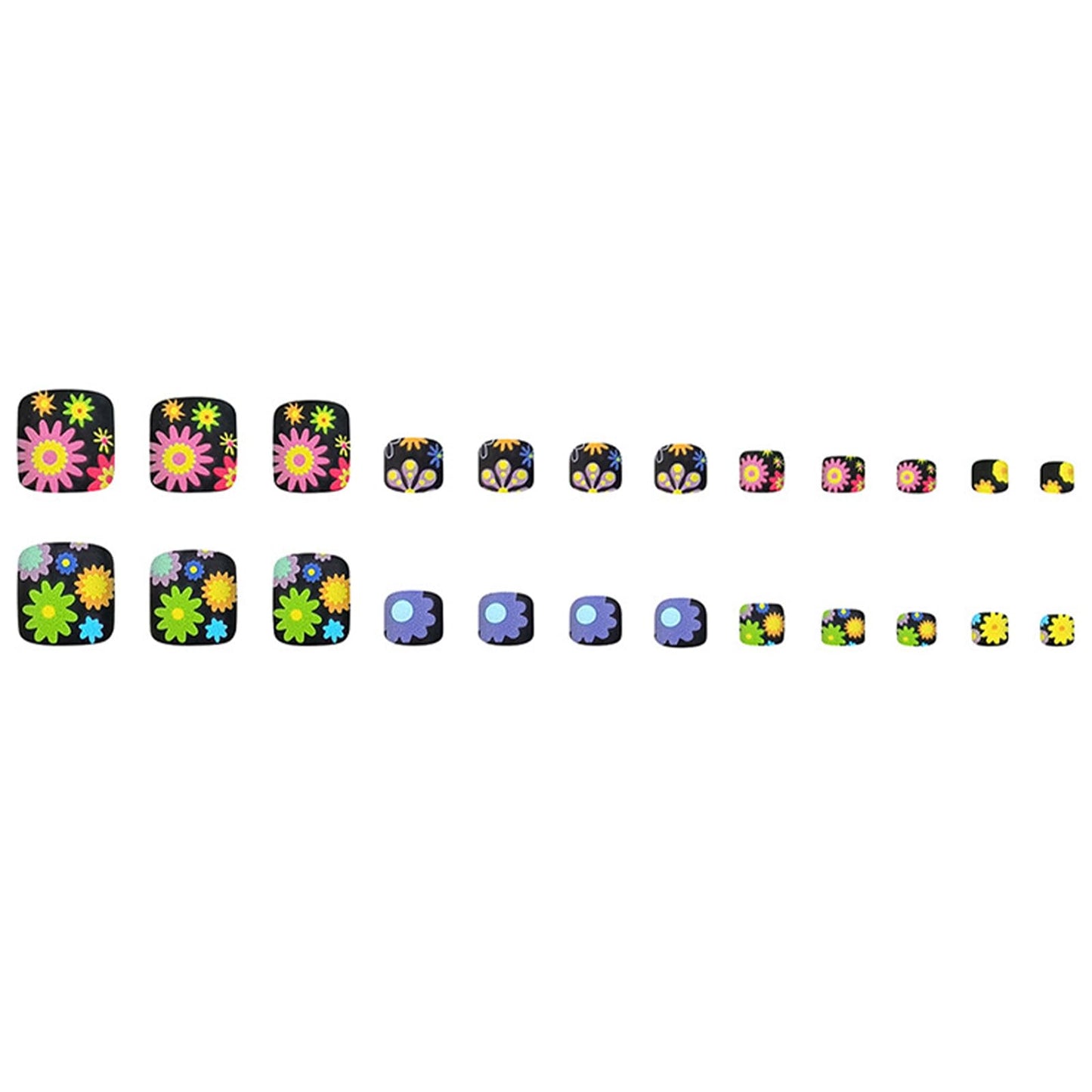 24 Pieces Summer Flower Press-On Toenails Short Square Black False Toenails Colorful Floral Pattern Cute Daisy Matte Black Acrylic Toenail Stickers Women's Nail Art