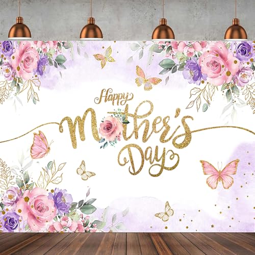 7x5ft Happy Mother's Day Backdrop – Floral Photography Background with Gold Dots, Mother's Day Photo Booth Banner for Women, Mom Birthday or Party Decor 068 - size: 7x5ft
