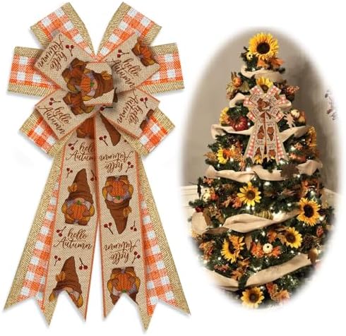 Large Fall Bows for Wreath, Thanksgiving Gnomes Pumpkin Wreath Bows Orange Buffalo Plaid Bows for Front Door, Farmhouse Ornament Burlap Tree Topper Bows for Fall Indoor Outdoor Decoration