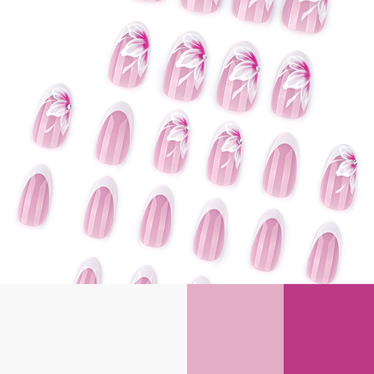 Flower Press on Nails Medium Almond Fake Nails Cute Spring Summer Nails Press ons with Design French Reusable Artificial Nail Full Cover Stick on Nails for Women Manicure 24Pcs