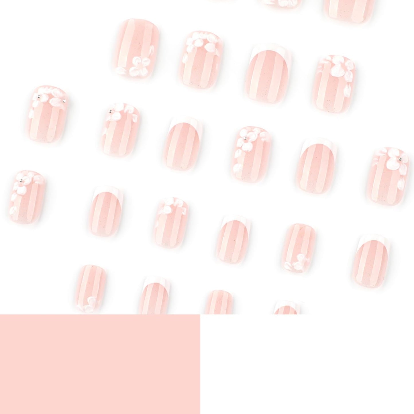 OCOUYVD Cute Flower Press-on Nails, 24pcs Glitter Short Square Acrylic False Nails with 3D Embossed Floral Pearl Design, French Tip, Full Cover Stick-on Nails for Women Manicure