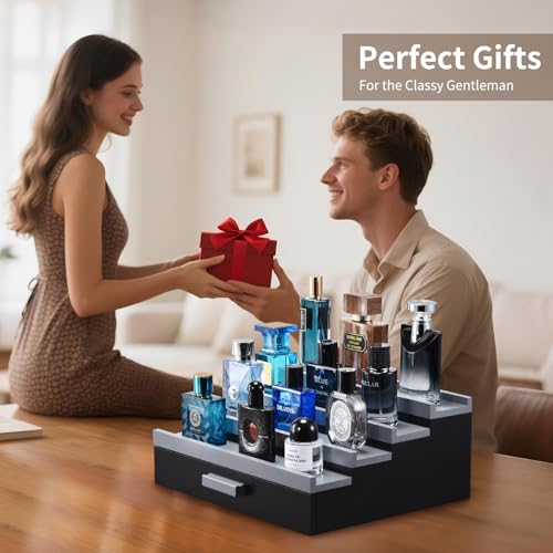 Perfume Organizer for Men, 4 Tier Wood Perfume Display Stand with Velvet Lining Drawer and Hidden Compartment for Watch,Jewelry,Perfume Display Risers,A Gift for Men (Black+Gray) - style: 4 Tier - BlackGrey