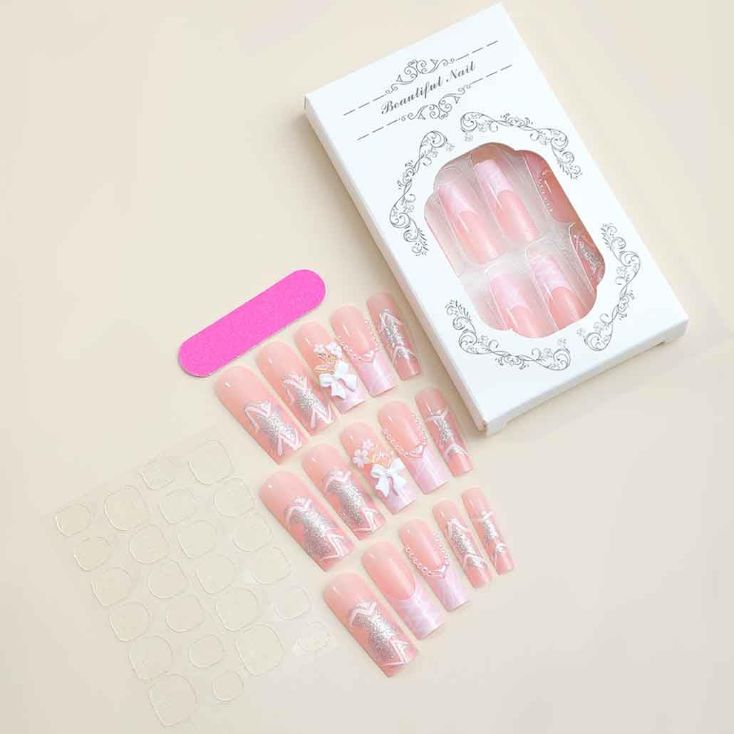 Foccna Pink Press on Nails Long,3D Pearl Fake Nails Square Bling Glossy Rhinestone False Nail Tips Artificial Nails for Women and Girls-24pcs