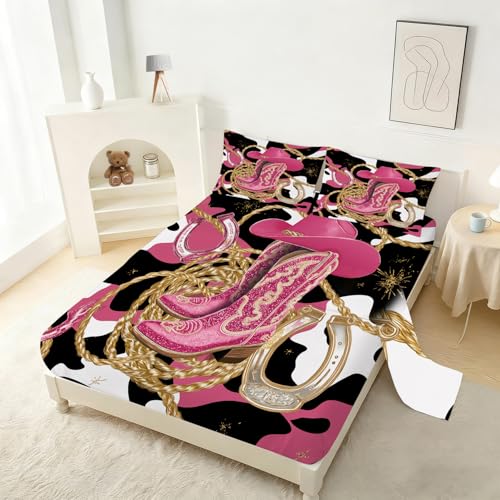 Pink Cowgirl Sheet Set Twin Size for Girls Boys Kids Women Glitter Boots & Horseshoe Print Fitted Sheet Set Cowhide Pattern Bed Sheets 1 Fitted Sheet+1 Flat Sheet+1 Pillowcase - color: Cowgirl 01, size: Twin
