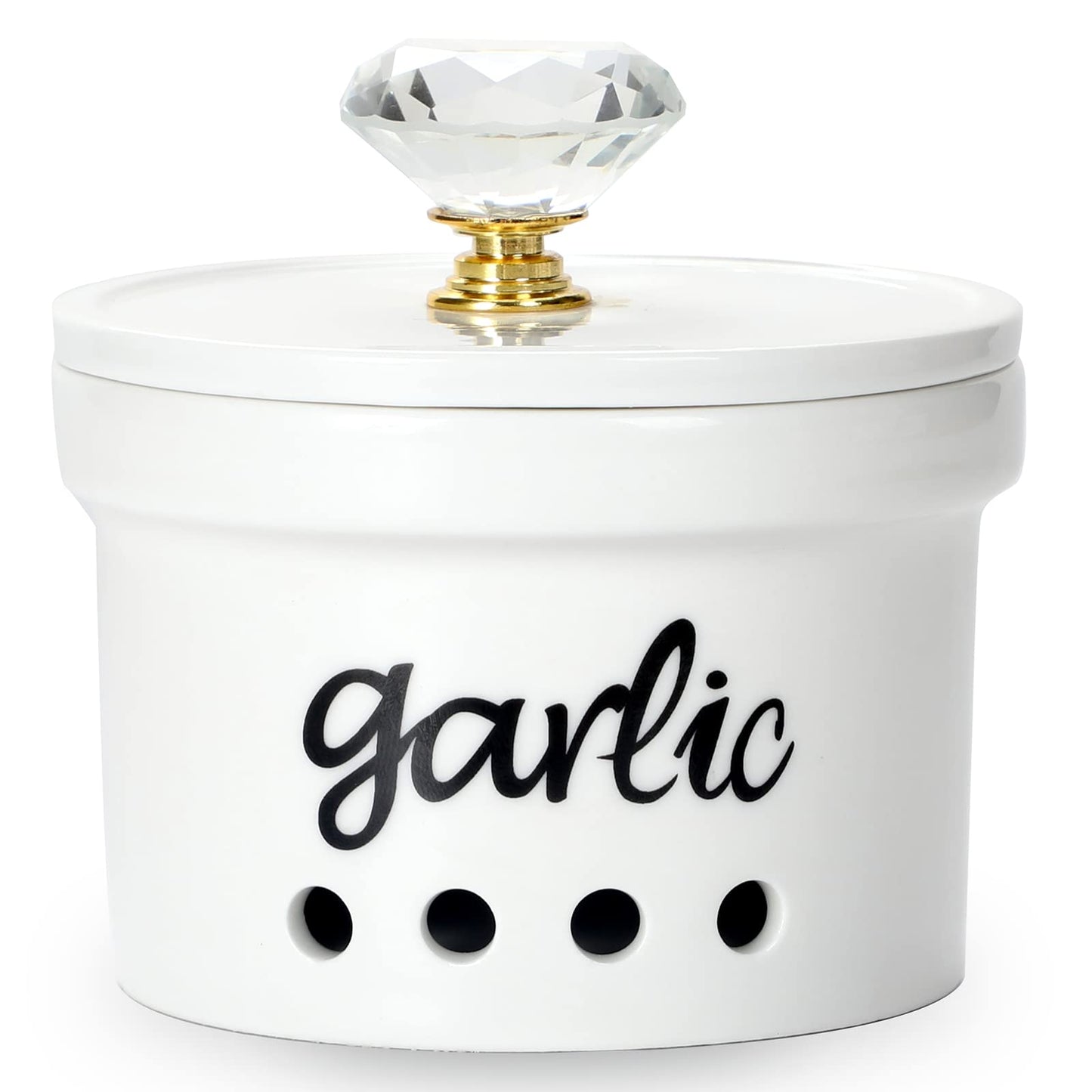 HAOTOP Garlic Keeper with Crystal Lid, 12.5 oz Ceramic Garlic Saver Container for Countertop, Farmhouse Kitchen Decor (Gold)
