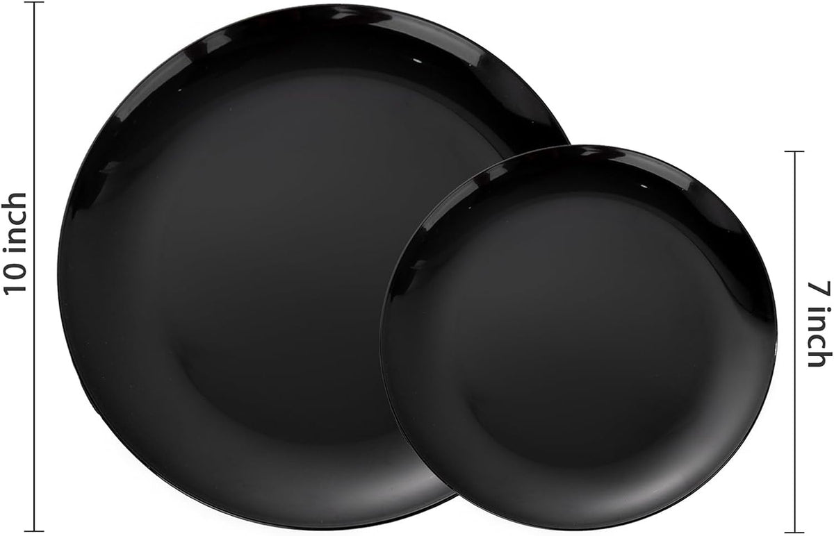 PULOTE 200PCS Black Plastic Plates - Heavy Duty Black Disposable Include 100 Each (10 inch Dinner & 7 inch Dessert) Plates, Disposable for Party, Birthday & New Year