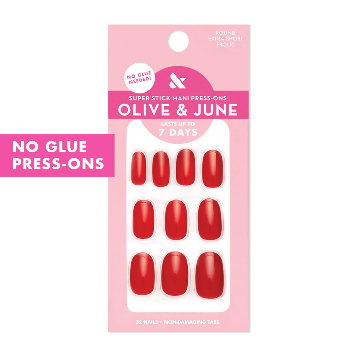 Olive & June Classic Super Stick Mani Press On Nails | No Glue Needed | 32 Tab Nails 16 Sizes | Non-Toxic Tabs Easy On-Off Non-Damaging Realist Look | 7-Day Wear | Short, Round| Lollipop Cherry Red