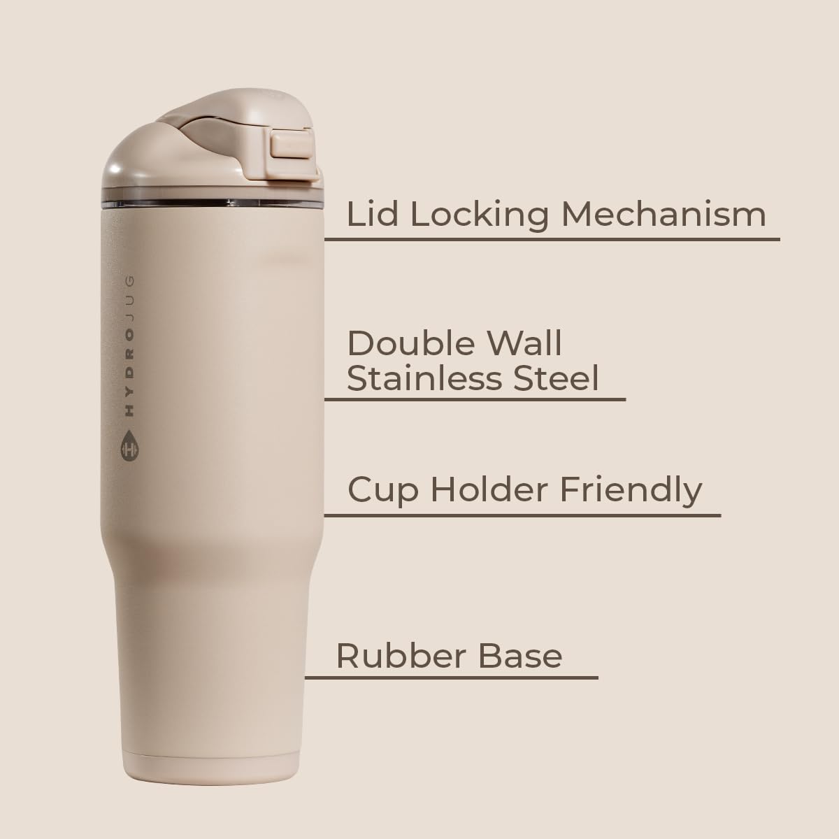 HydroJug Ease2o Water Bottle with Straw & Chug Lid, Stainless Steel, Vented Cap to Help Reduce Pressure, Water-Level Window, Cup Holder Friendly, Non-Slip Base – 32oz, Dune