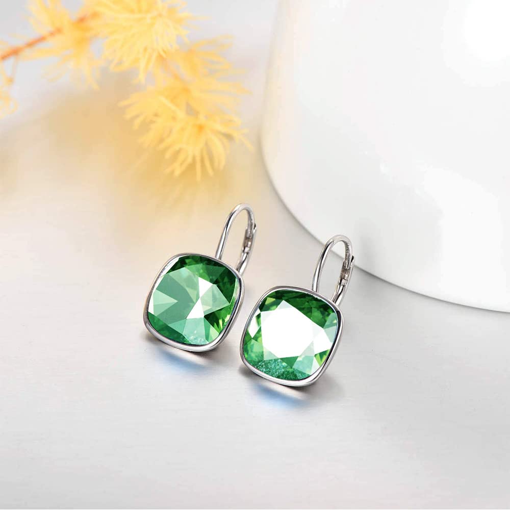 AOBOCO Sterling Silver Leverback Earrings, Green Crystal, 0.90 in x 0.55 in, 3.2 g