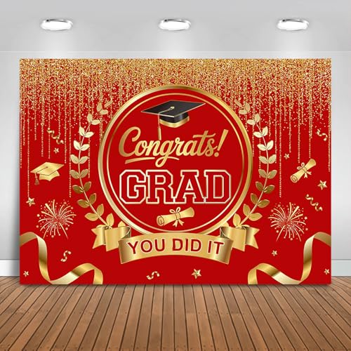 Graduation Backdrop Congrats Grad You Did It Party Decorations Background Congratulations Graduate Class of 2026 Banner Photo Booth Props (Red and Gold, 7x5ft) - color: Red and Gold