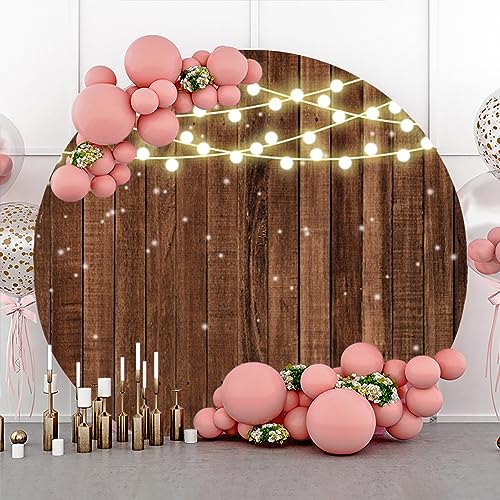 7.5x7.5ft Glitter Rustic Wood Round Backdrop Brown Wooden Texture String Lights Circle Photography Background for Baby Shower Birthday Wedding Bridal Shower Party Banner Photo Booth Props - size: 7.5x7.5ft-Diameter