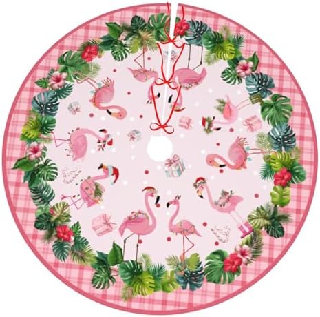 Pink Flamingos Christmas Tree Skirt 36 Inch Xmas Tree Mat Party Decor Supplies for Holiday Home Decorations