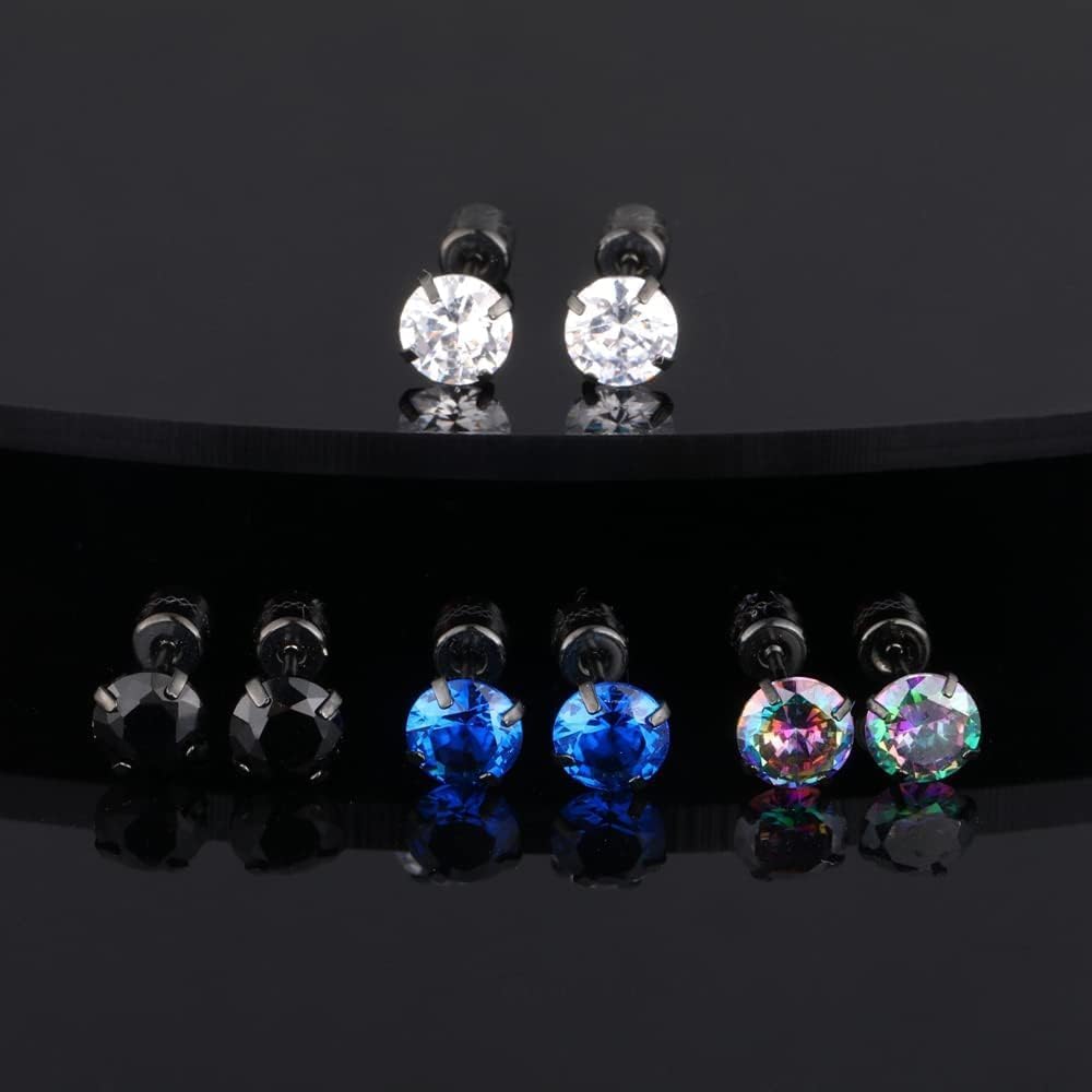 Hopply 4 Pairs Titanium Screw Back Surgical Stainless Steel Earrings for Women Men,Rainbow 5A Cubic Zirconia Studs Double Side Earrings Piercing Sleeper Jewelry 6mm