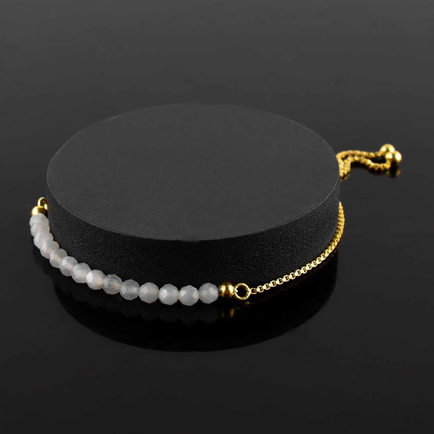 InfinityGemsArt Moonstone Bracelets For Women June Birthstone Jewelry Micro White Beads Beaded Stone Bolo Slider Crystals Gemstones, 14K Gold Plated Adjustable Chain, Valentines Day Gifts For Her