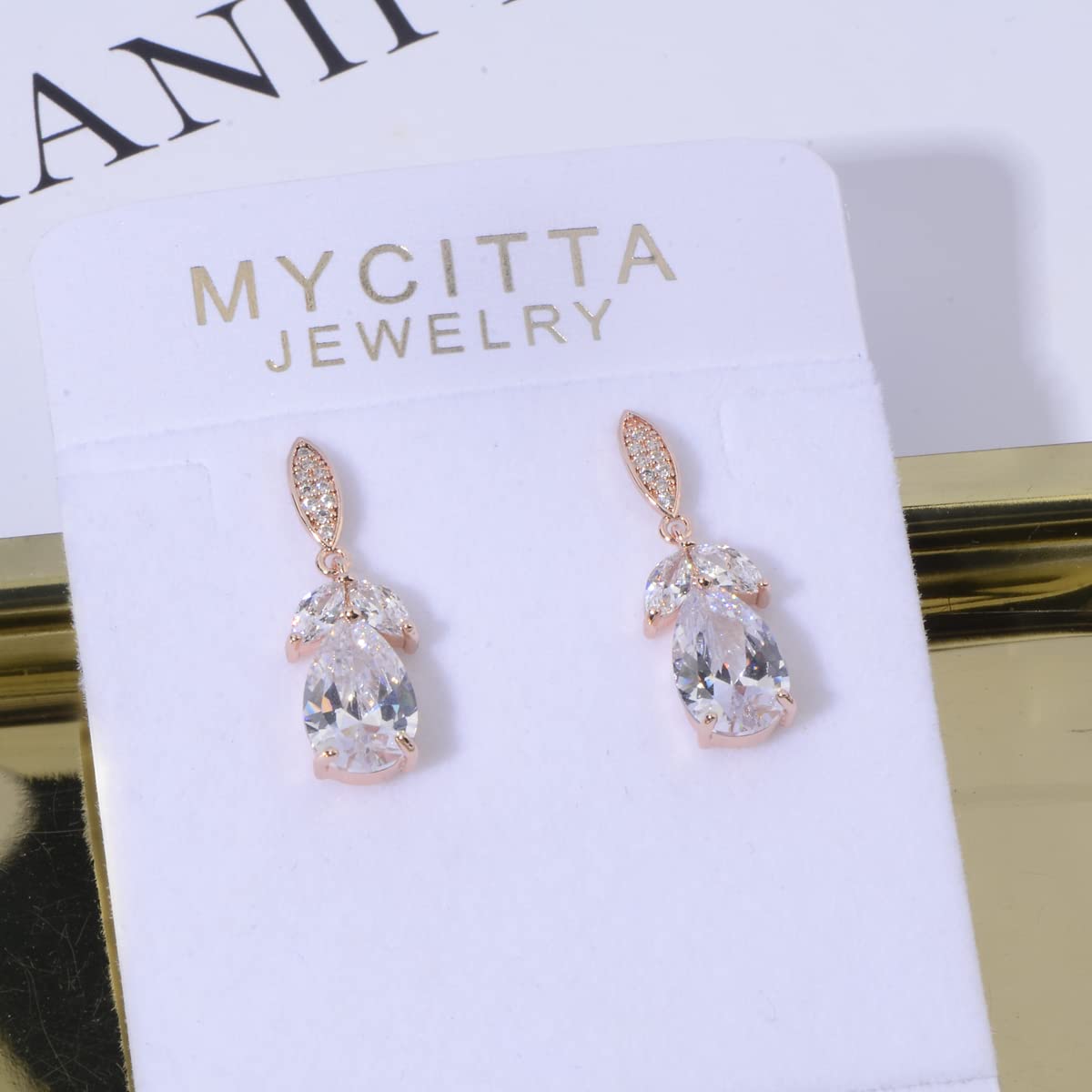 Women's Cubic Zirconia Bridal Earring Elegant 14k Rose Gold Plated Teardrop Cluster Floral Leaf CZ Crystal Rhinestone Wedding Earring for Bride Bridesmaids Party Prom