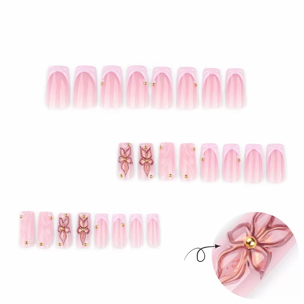 CTTHNBD Medium Press on Nails Square - Pink French Tip Fake Nails with Flower Design - Summer Full Cover Stick on Nails for Women - 24 Pcs
