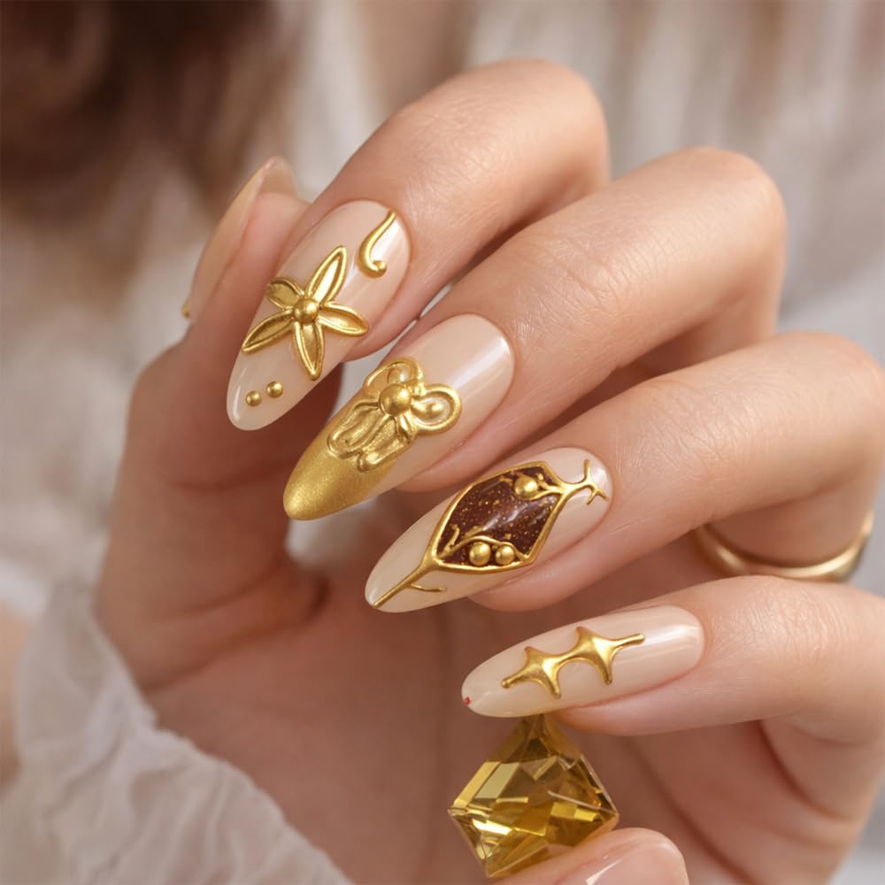 WZHAOJUN Handmade Press On Nails,Medium Gold Presson Nails For Women,10pcs Abs Material Fake Nails With Design-Reusable Glue On Hand Made Nails For Party Wedding(10Pcs Size M)