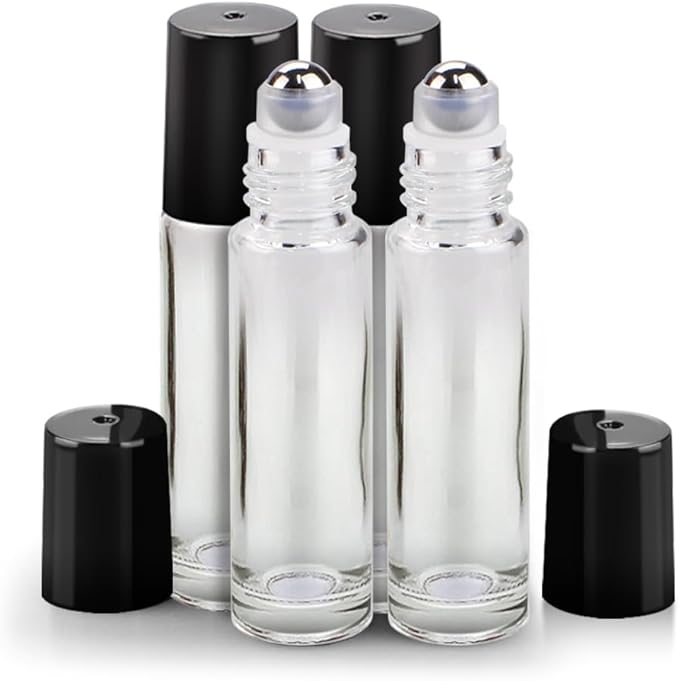 sungwoo 4 Pack Roller Bottles, 10 ml Essential Oil Glass Roller Bottles with Stainless Steel Roller Balls Clear