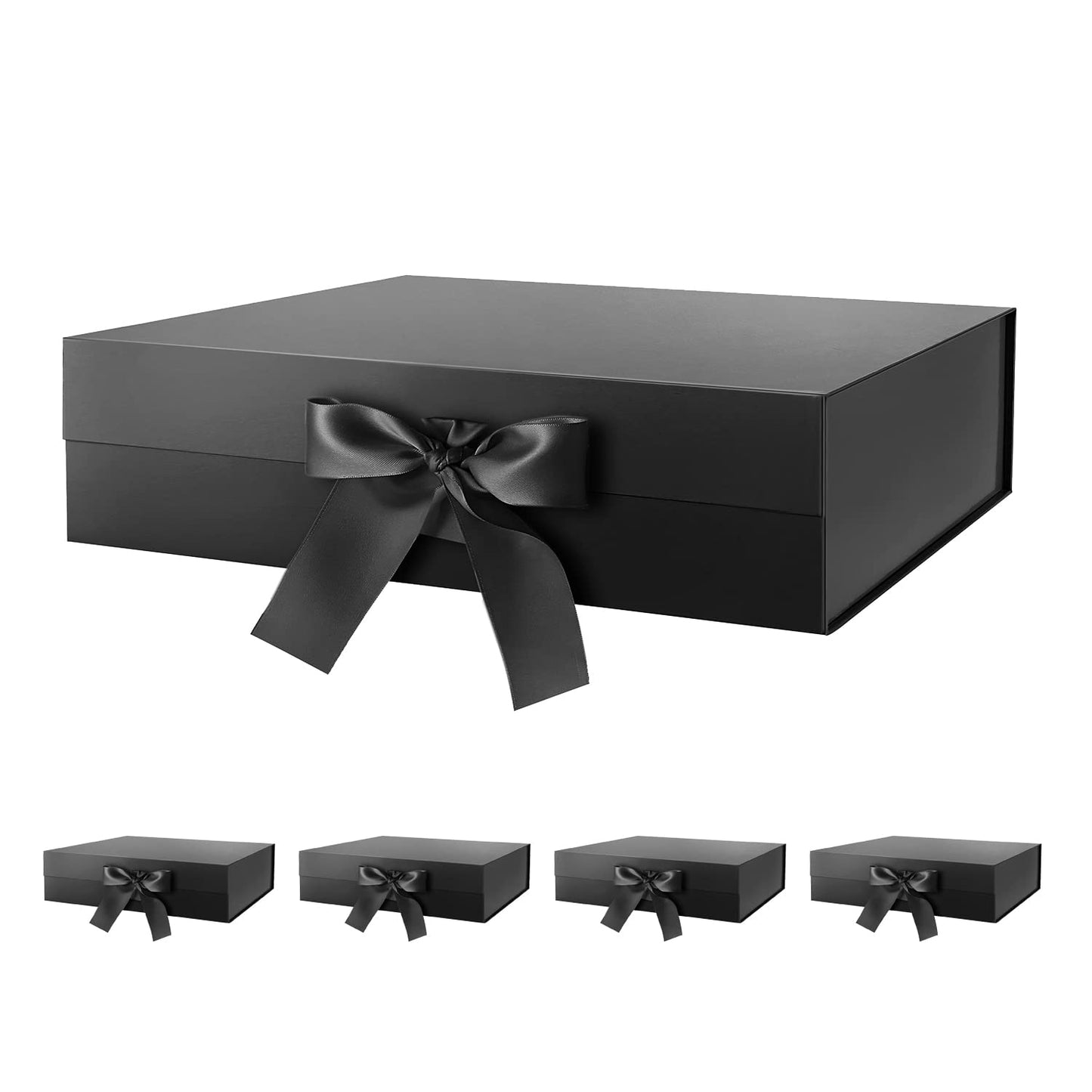 HAPPY POTATO Large Gift Box with Lid and Ribbon, Groomsman Proposal Box, Magnetic Gift Box for presents (Glossy Black,pack of 5,13.5x9x4.1 Inches)