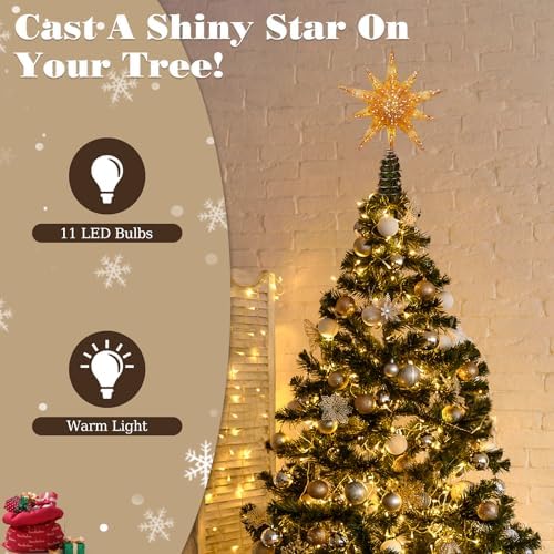 Lewondr Christmas Tree Topper Star, 13inch Xmas Tree Topper with LED Light Beads, Remote & USB Operated 10-Point Star Treetop for Home Christmas Decoration, 6H Timer & 8 Lighting Modes, Gold