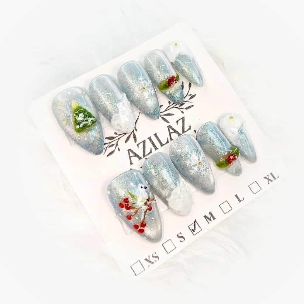 Azilaz Press On Nails, Silver Glitter Winter Christmas Design, Medium Almond Shape, Handmade, 10-Piece Set (Medium)